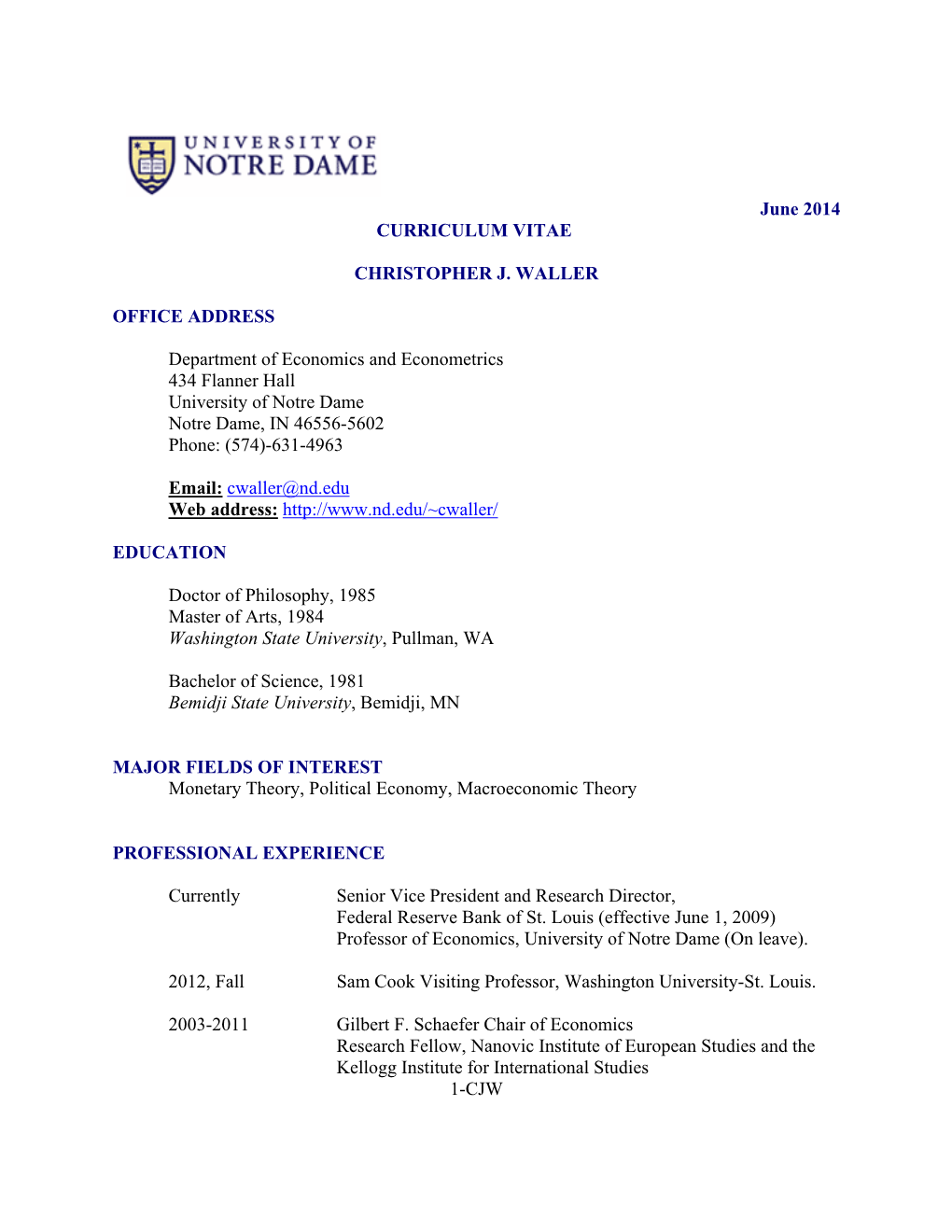 1-CJW June 2014 CURRICULUM VITAE CHRISTOPHER J. WALLER