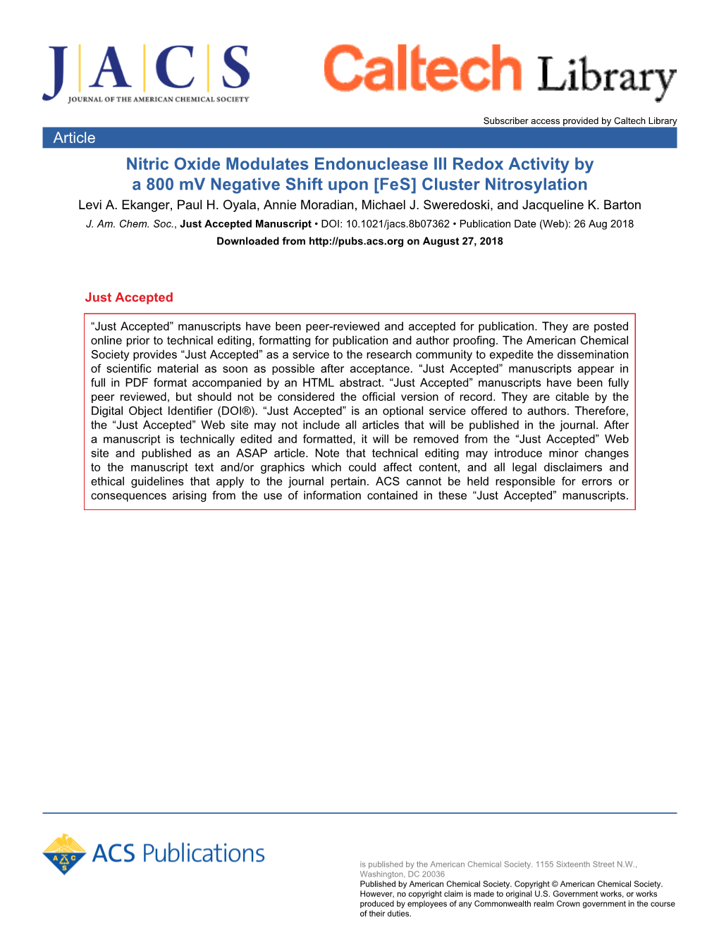 Nitric Oxide Modulates Endonuclease III Redox Activity by a 800 Mv Negative Shift Upon [Fe4s4] Cluster Nitrosylation Levi A