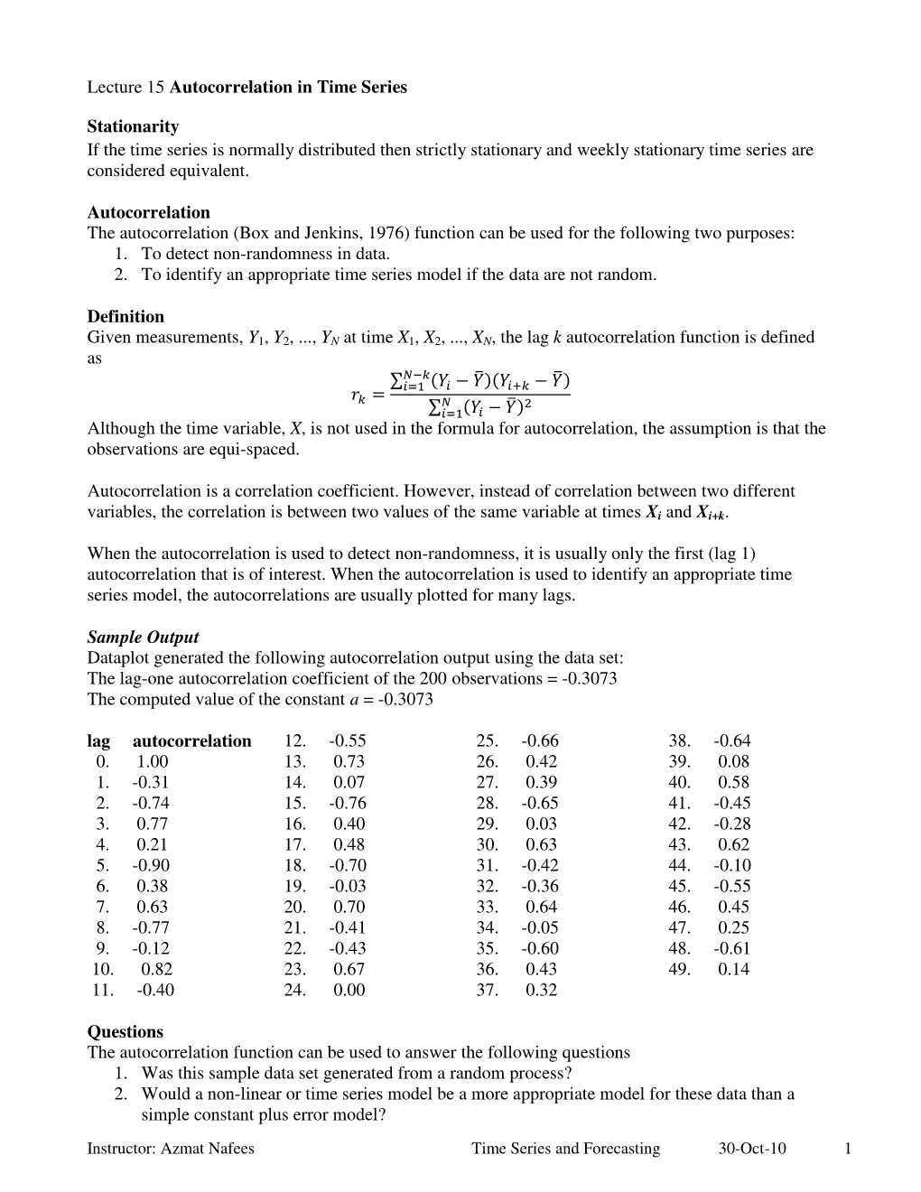 Lecture 15 Autocorrelation in Time Series Stationarity If the Time Series Is Normally Distributed Then Strictly Stationary