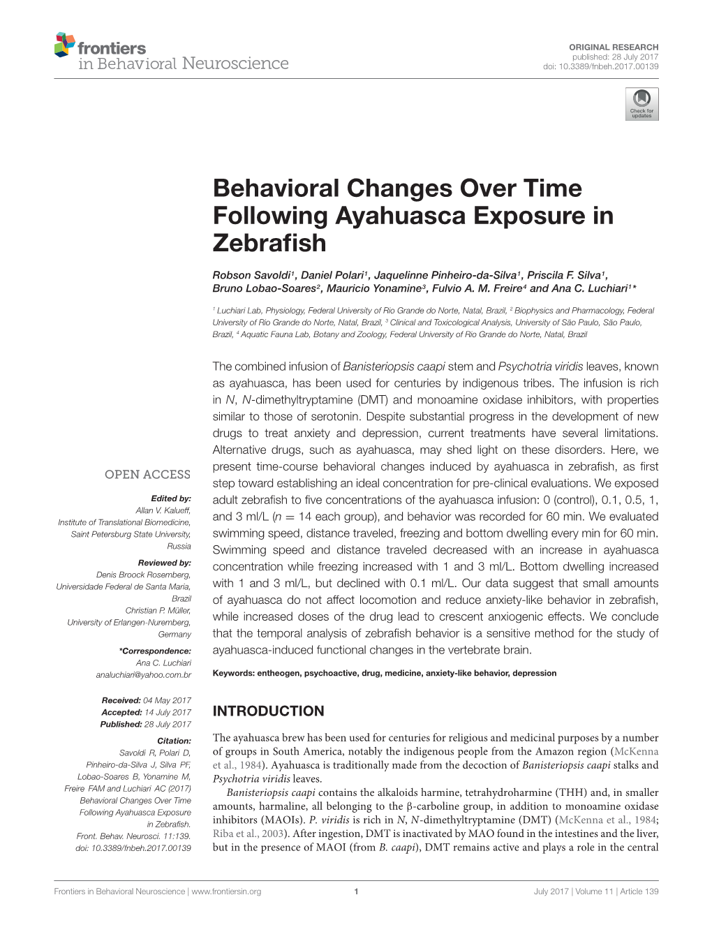 Behavioral Changes Over Time Following Ayahuasca Exposure in Zebraﬁsh