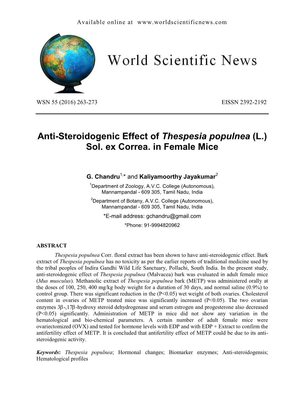 Anti-Steroidogenic Effect of Thespesia Populnea (L.) Sol