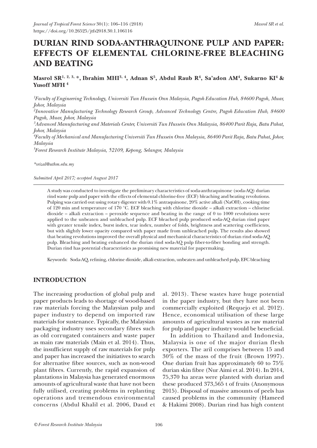 Durian Rind Soda-Anthraquinone Pulp and Paper: Effects of Elemental Chlorine-Free Bleaching and Beating