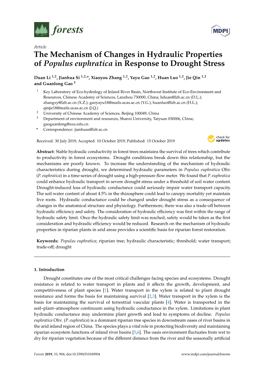 The Mechanism of Changes in Hydraulic Properties of Populus Euphratica in Response to Drought Stress