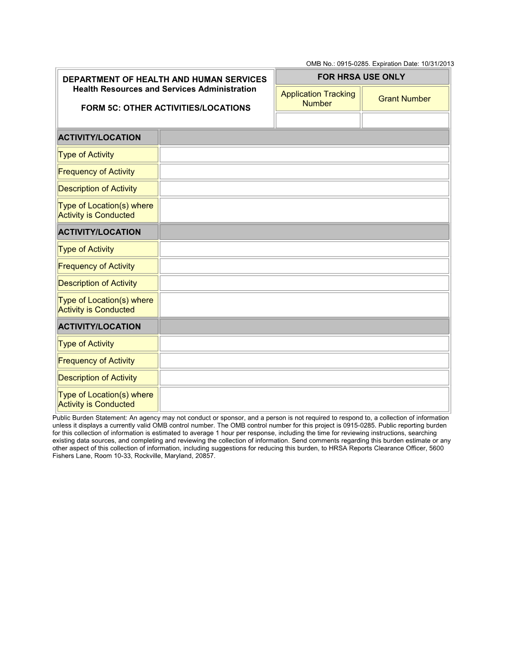 Form 5C: Other Activities/Locations