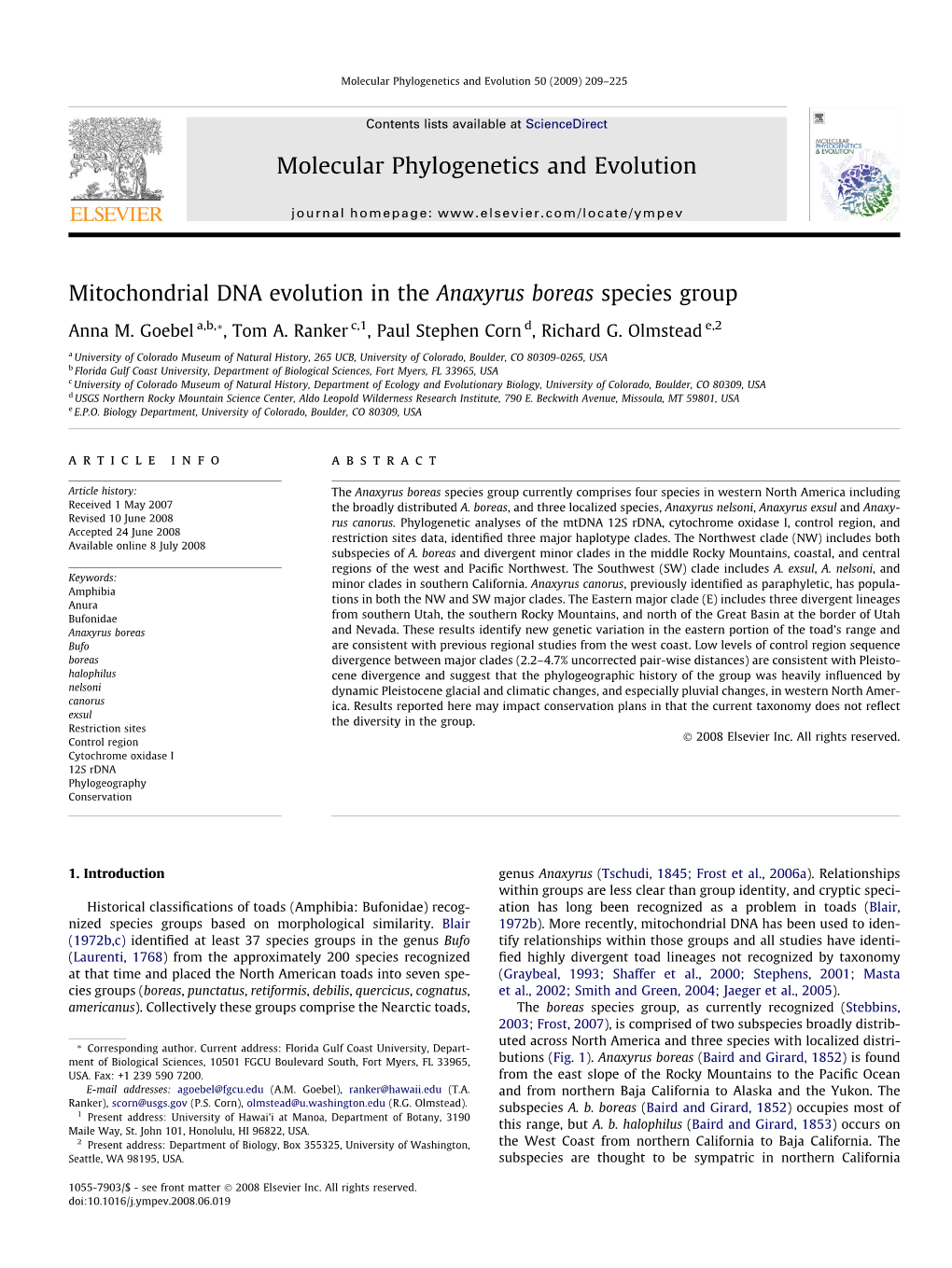 Mitochondrial DNA Evolution in the Anaxyrus Boreas Species Group