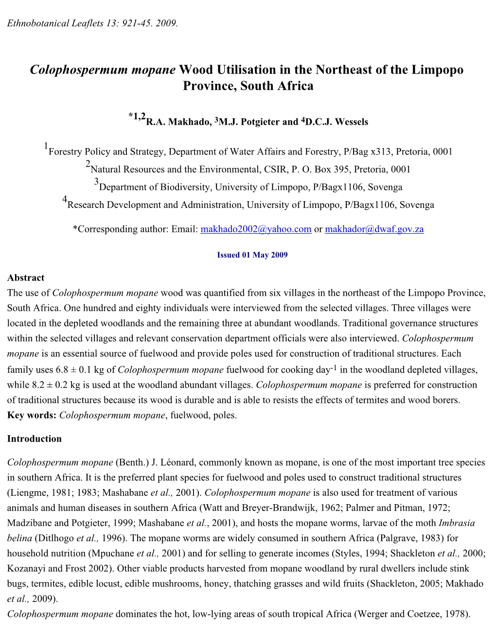 Colophospermum Mopane Wood Utilisation in the Northeast of the Limpopo Province, South Africa