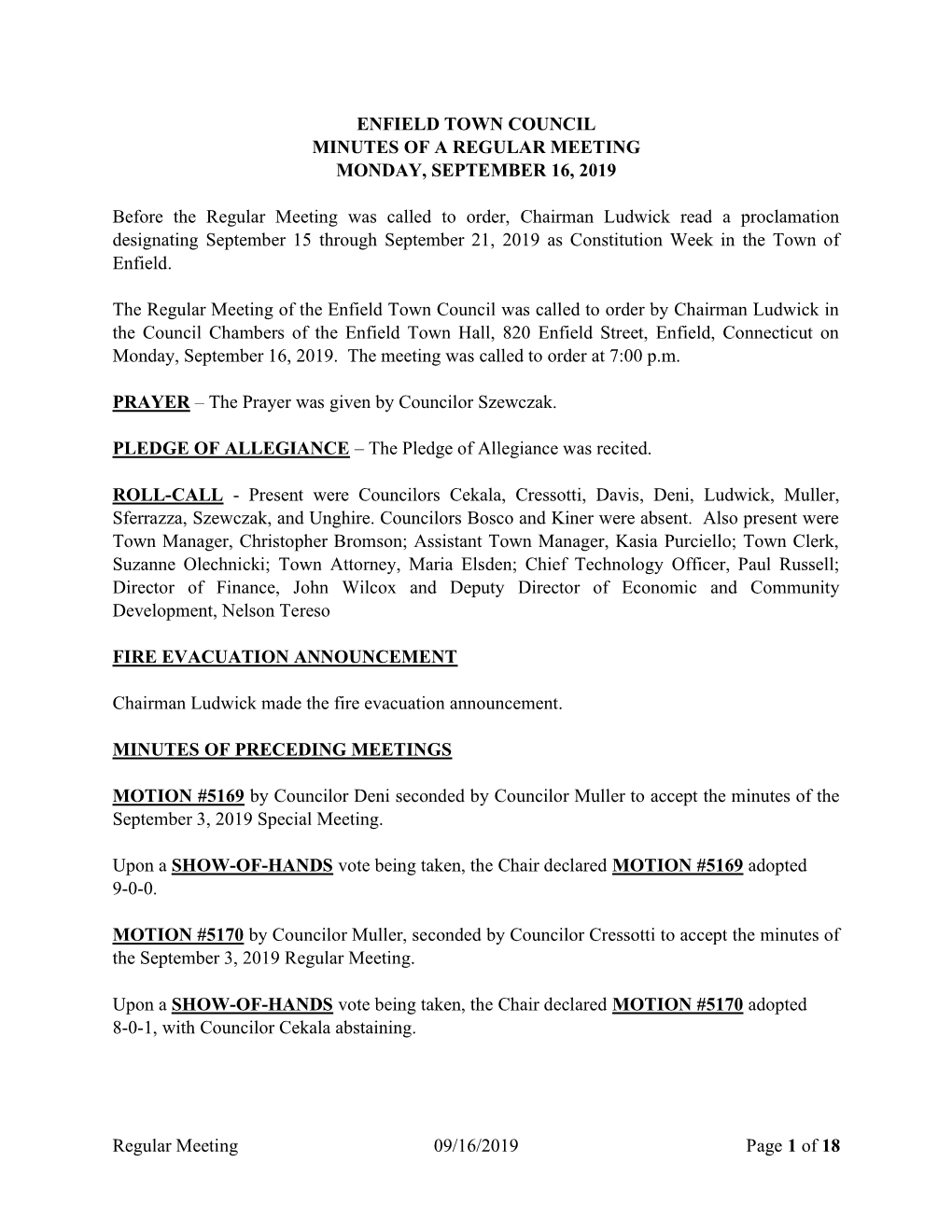 Regular Meeting 09/16/2019 Page 1 of 18 ENFIELD