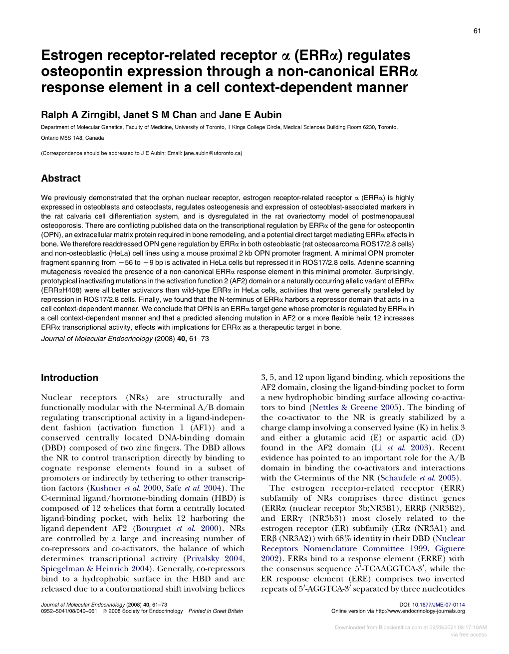 Erra) Regulates Osteopontin Expression Through a Non-Canonical Erra Response Element in a Cell Context-Dependent Manner