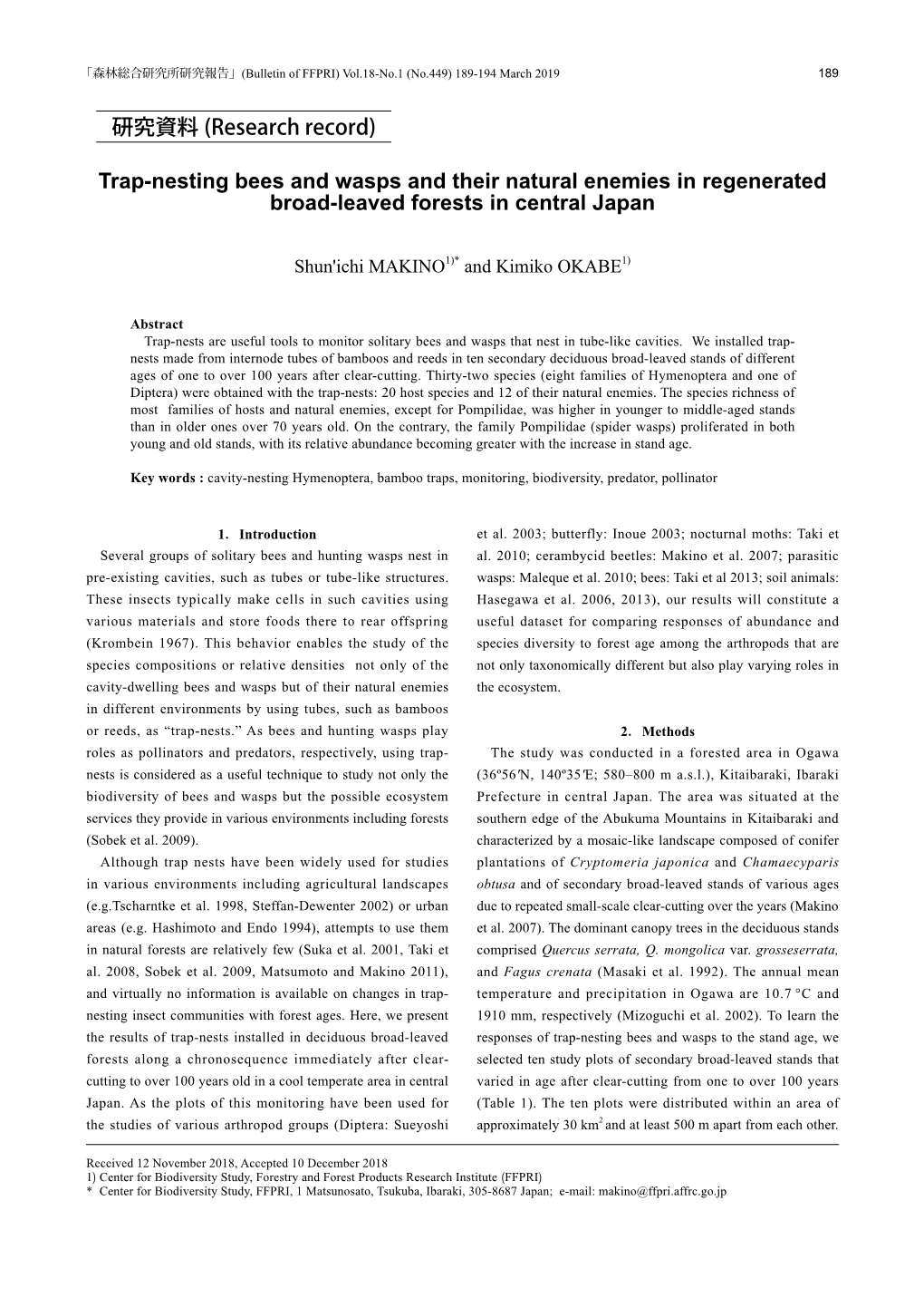 Trap-Nesting Bees and Wasps and Their Natural Enemies in Regenerated Broad-Leaved Forests in Central Japan