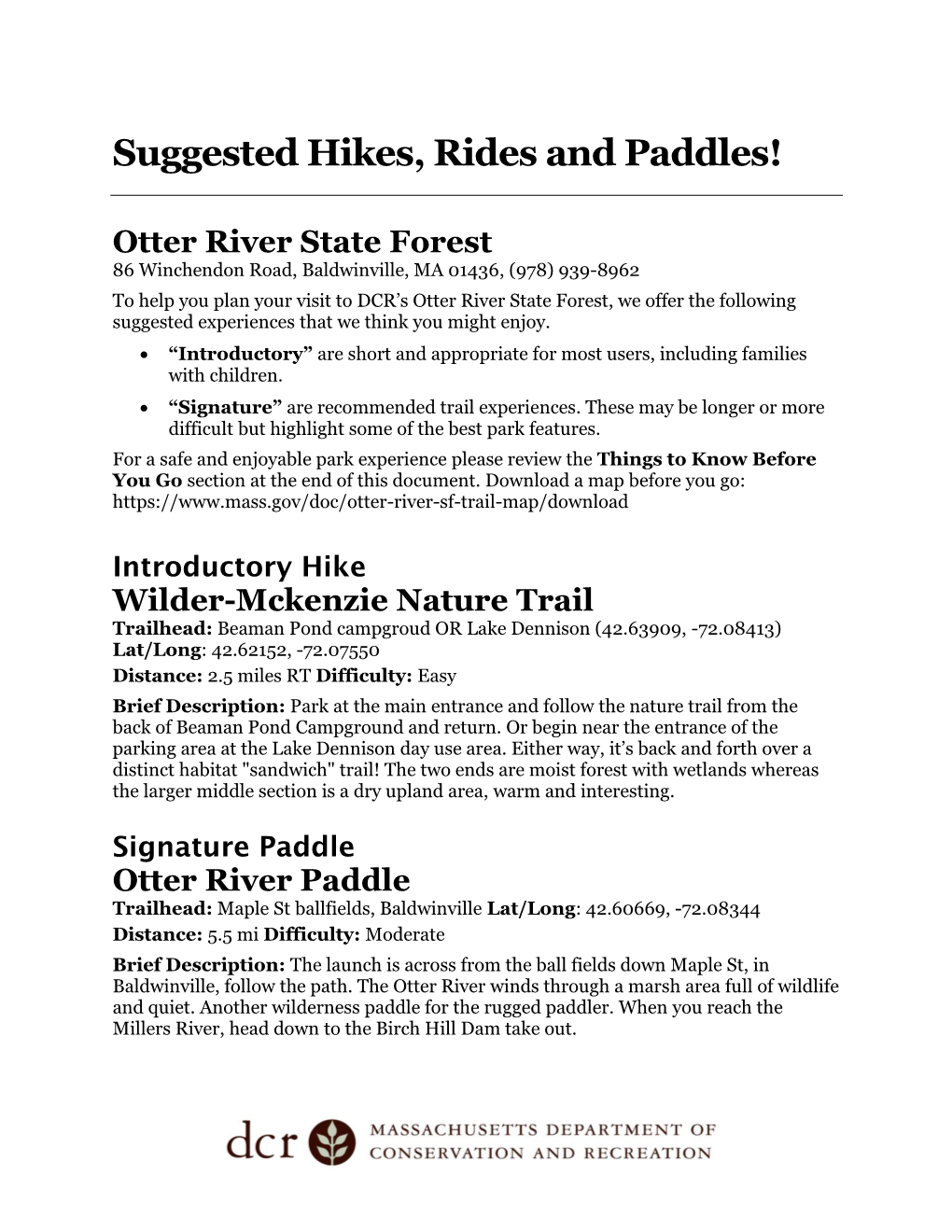 Suggested Hikes, Rides and Paddles!