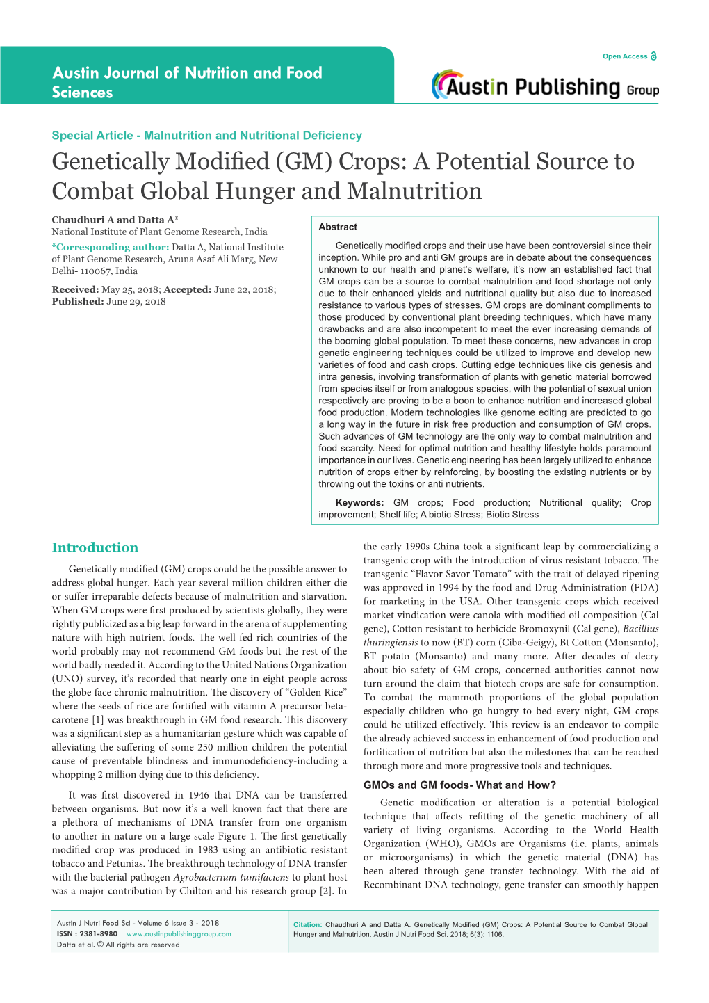 Genetically Modified (GM) Crops: a Potential Source to Combat Global Hunger and Malnutrition