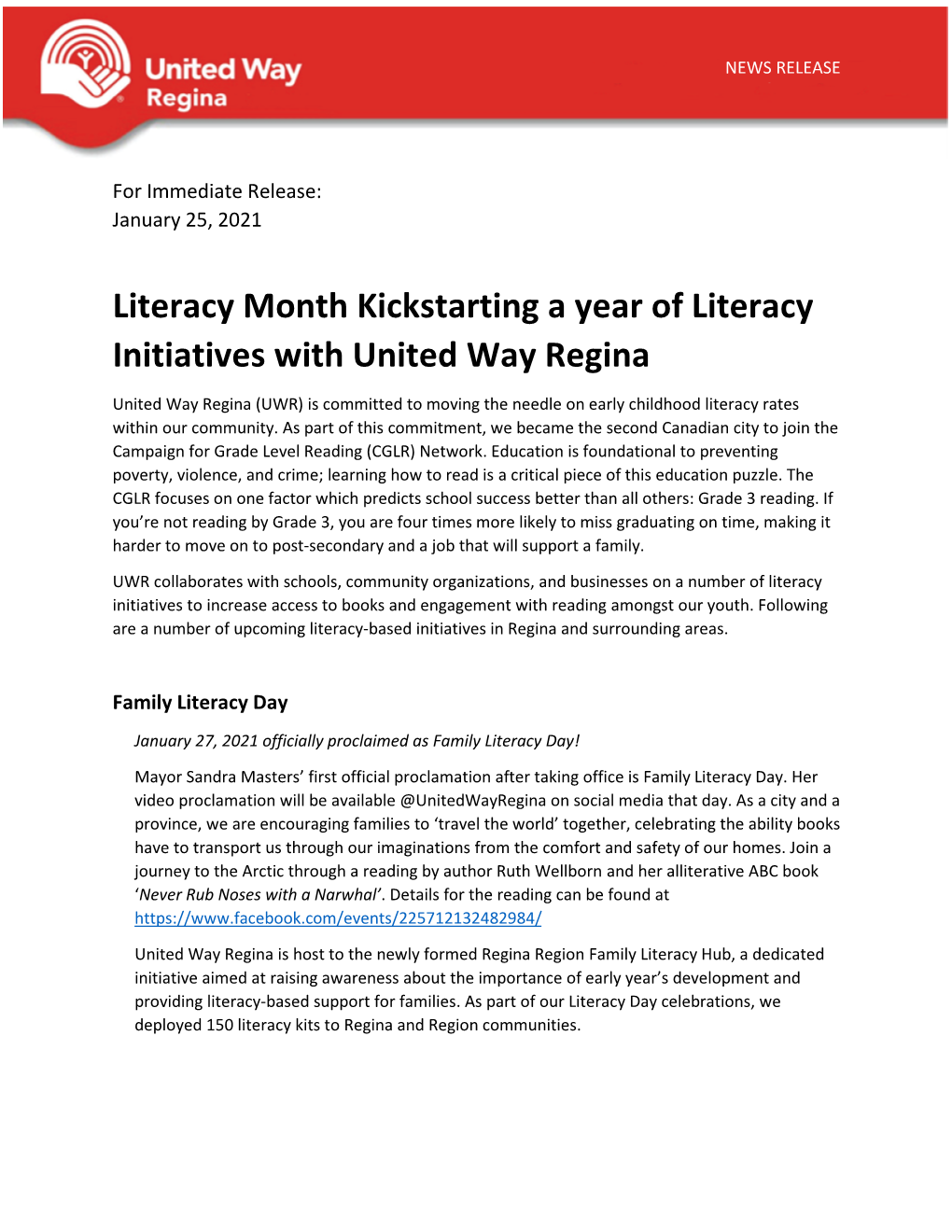 Literacy Month Kickstarting a Year of Literacy Initiatives with United Way Regina