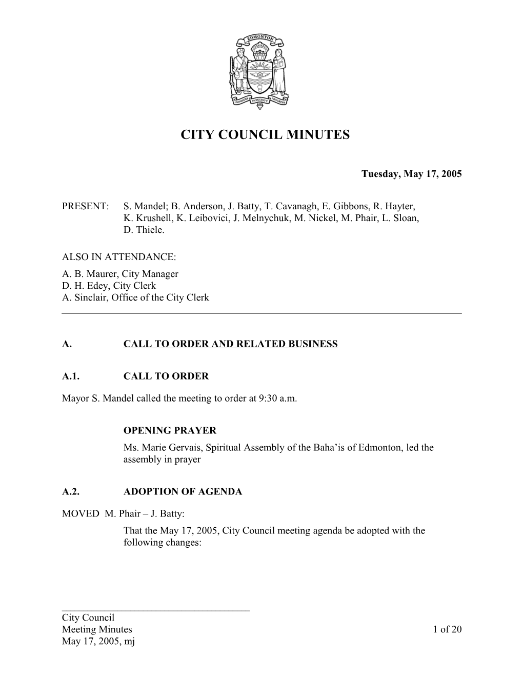 Minutes for City Council May 17, 2005 Meeting