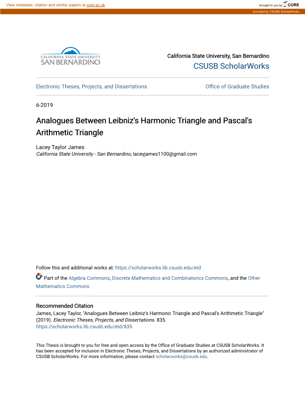 Analogues Between Leibniz's Harmonic Triangle and Pascal's Arithmetic Triangle