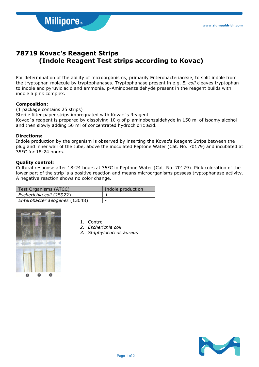 78719 Kovac's Reagent Strips (Indole Reagent Test Strips According to Kovac)