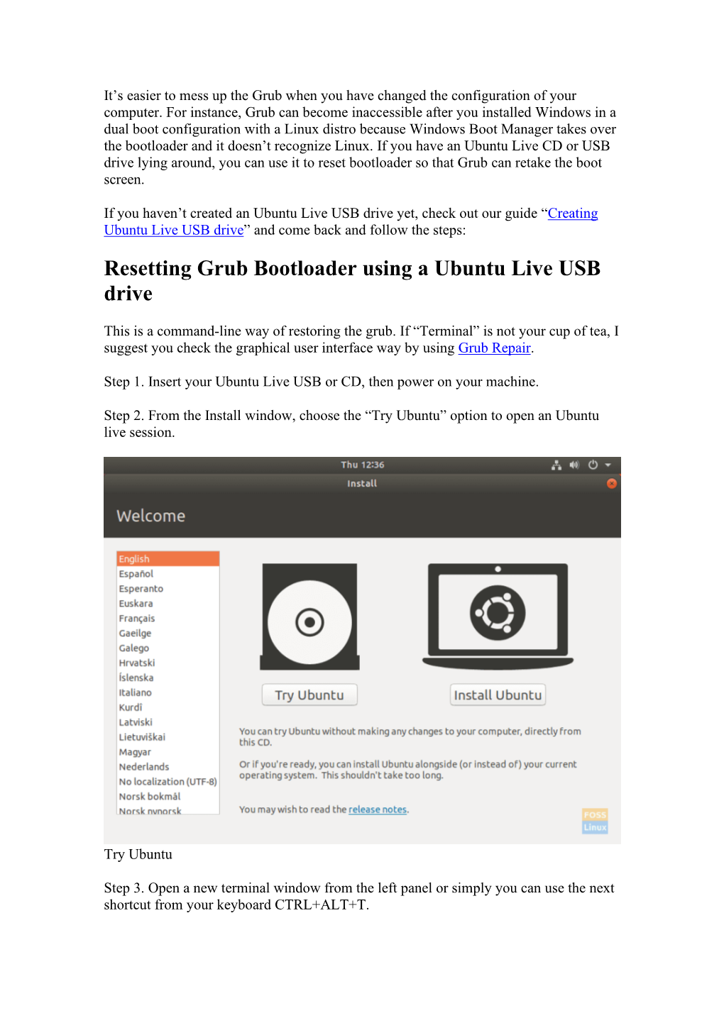 Resetting Grub Bootloader Using a Ubuntu Live USB Drive