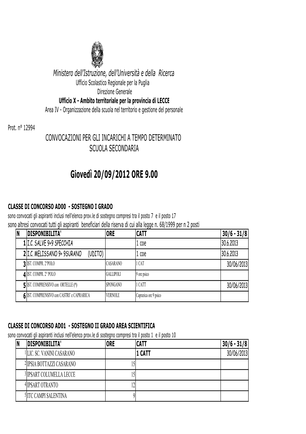 Disponibilità Supplenze 1 Convocazione