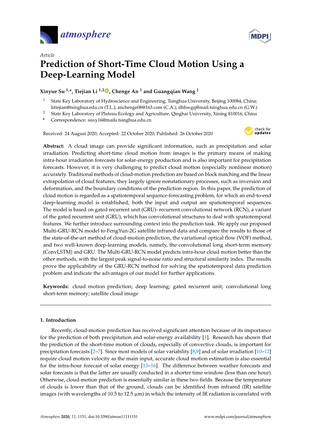 Prediction of Short-Time Cloud Motion Using a Deep-Learning Model