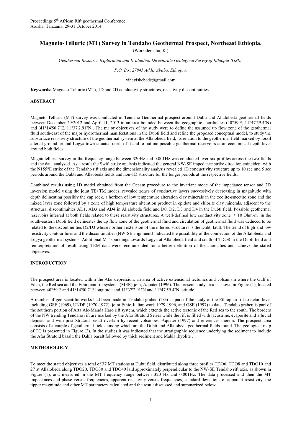 Magneto-Telluric (MT) Survey in Tendaho Geothermal Prospect, Northeast Ethiopia