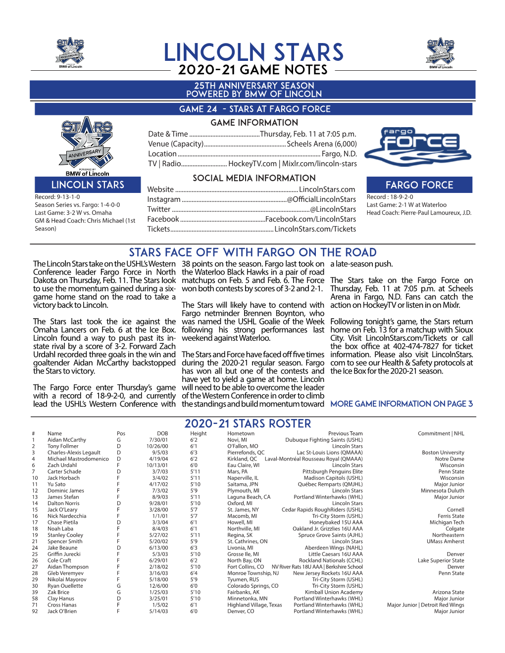 LINCOLN STARS 2020-21 GAME NOTES 25TH ANNIVERSARY SEASON Powered by BMW of LINCOLN GAME 24 - STARS at Fargo Force GAME INFORMATION Date & Time