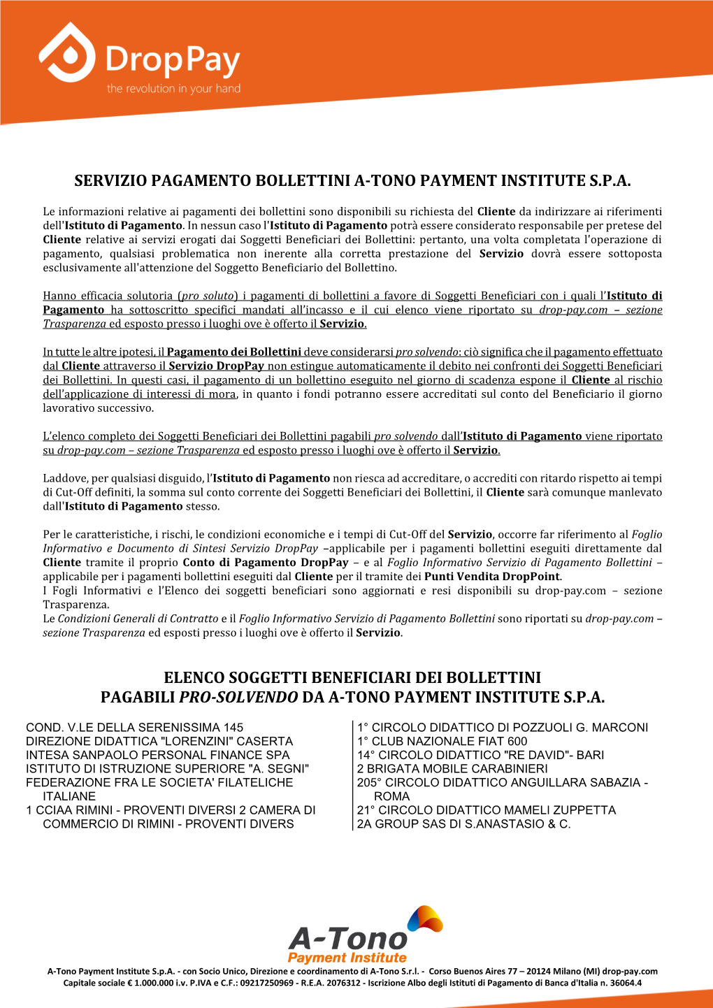 Servizio Pagamento Bollettini A-Tono Payment Institute S.P.A
