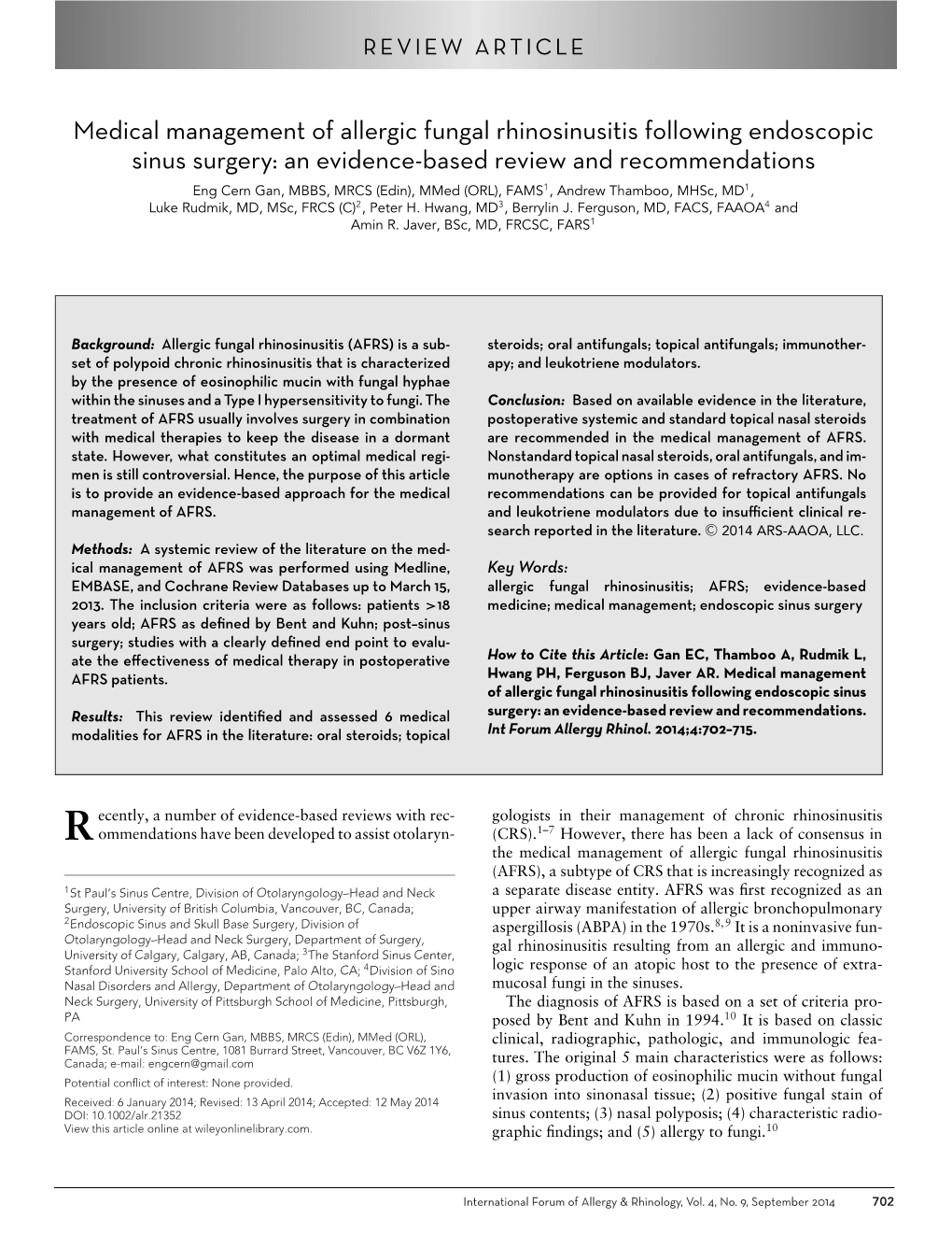 Medical Management of Allergic Fungal Rhinosinusitis Following Endoscopic Sinus Surgery: an Evidence‐Based Review An