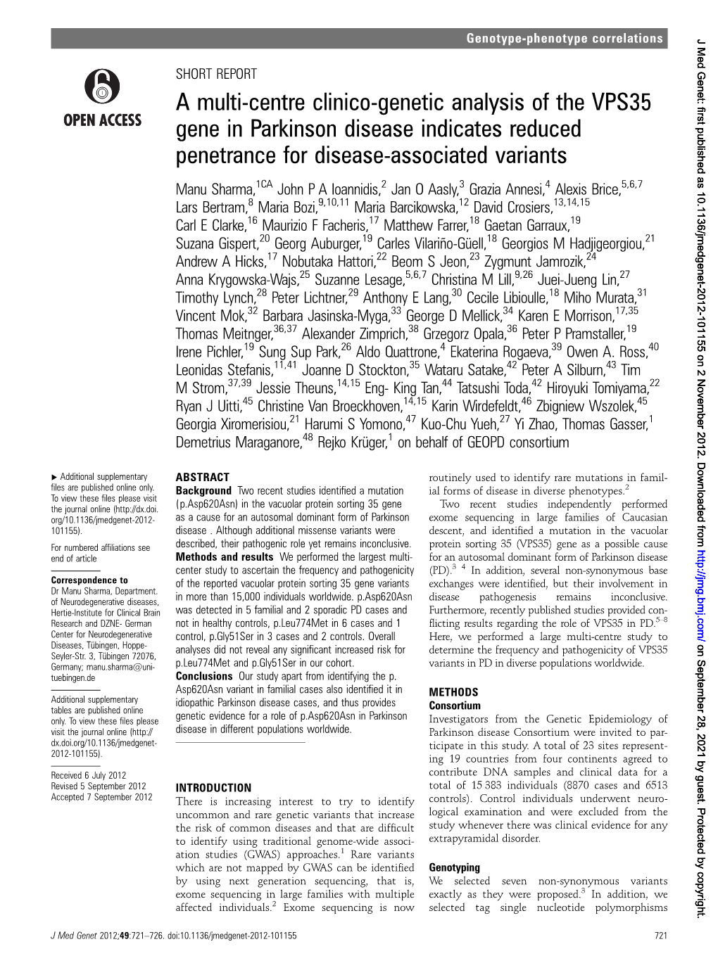 A Multi-Centre Clinico-Genetic Analysis of the VPS35 Gene in Parkinson Disease Indicates Reduced Penetrance for Disease-Associated Variants