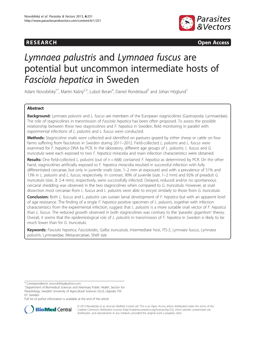 Fasciola Hepatica in Sweden Adam Novobilský1*, Martin Kašný2,3, Luboš Beran4, Daniel Rondelaud5 and Johan Höglund1