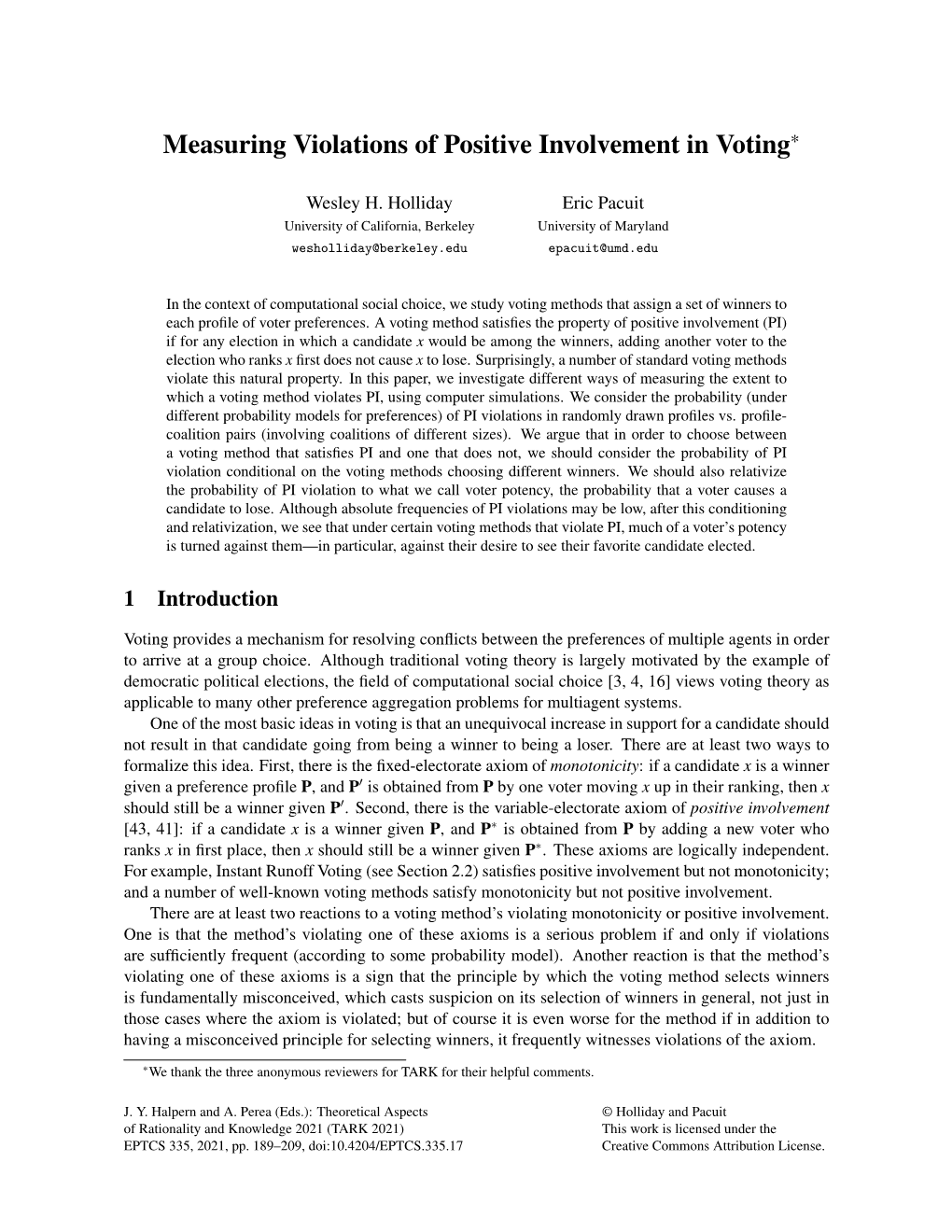 Measuring Violations of Positive Involvement in Voting*