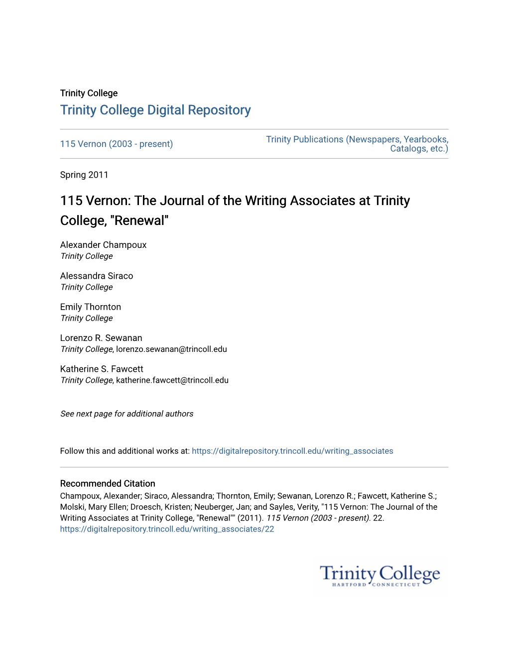 115 Vernon: the Journal of the Writing Associates at Trinity College, 