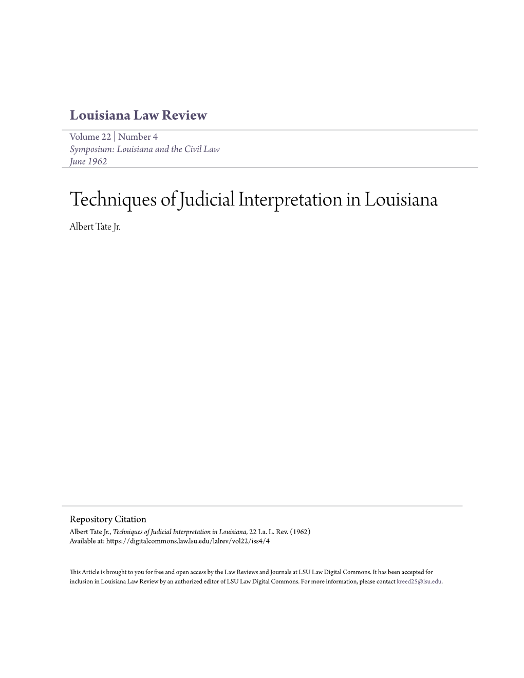 Techniques of Judicial Interpretation in Louisiana Albert Tate Jr