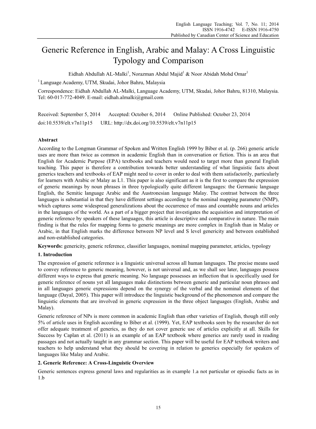 Generic Reference in English, Arabic and Malay: a Cross Linguistic Typology and Comparison