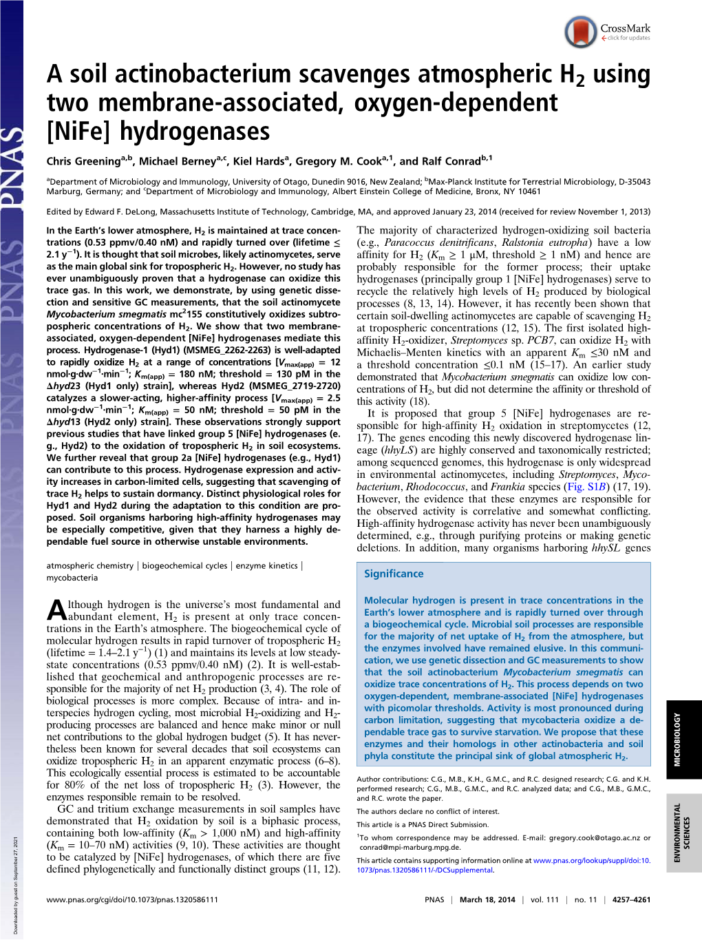 A Soil Actinobacterium Scavenges Atmospheric H2 Using Two Membrane-Associated, Oxygen-Dependent [Nife] Hydrogenases