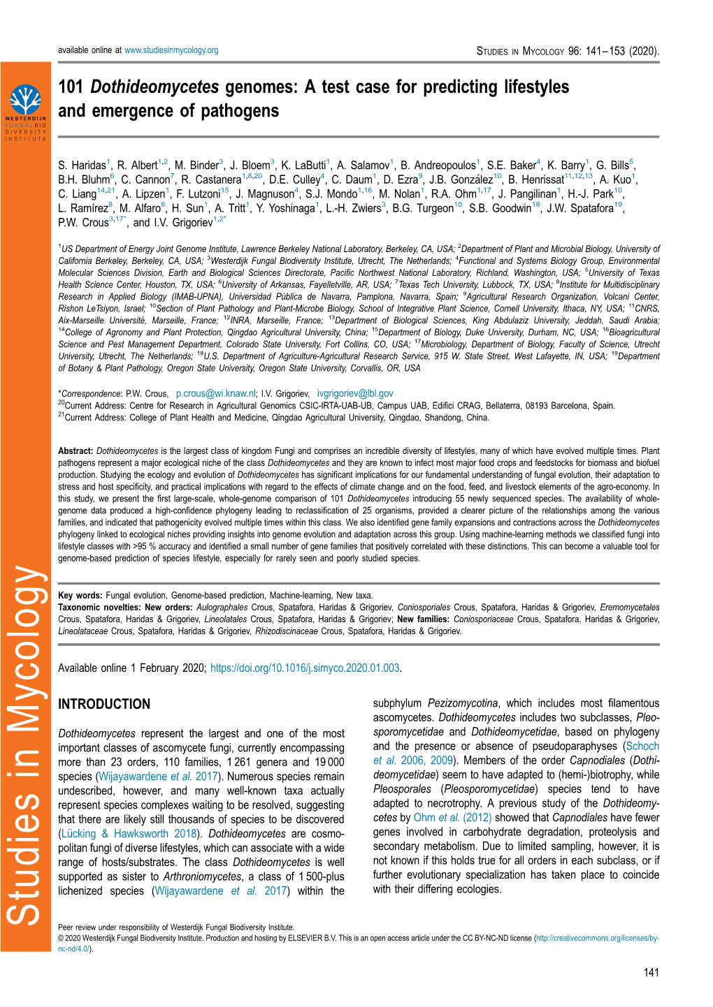 101 Dothideomycetes Genomes: a Test Case for Predicting Lifestyles and Emergence of Pathogens