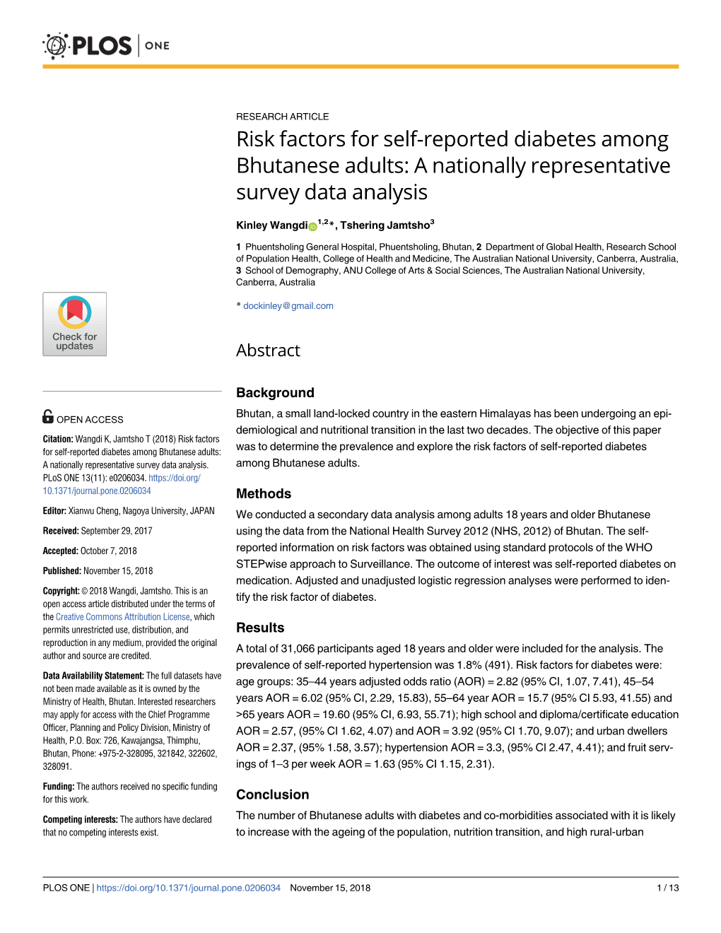 Risk Factors for Self-Reported Diabetes Among Bhutanese Adults: a Nationally Representative Survey Data Analysis