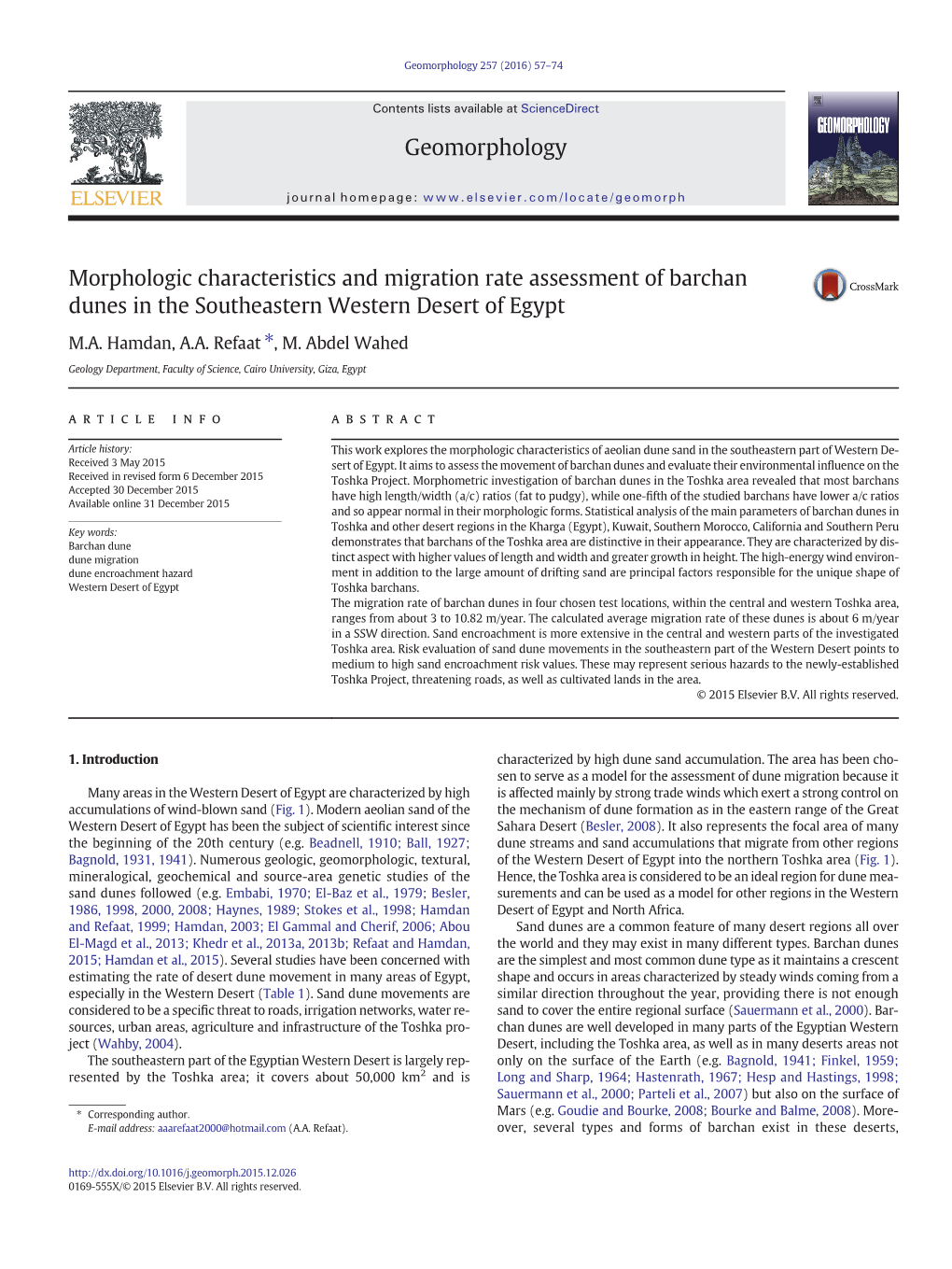 Morphologic Characteristics and Migration Rate Assessment of Barchan Dunes in the Southeastern Western Desert of Egypt