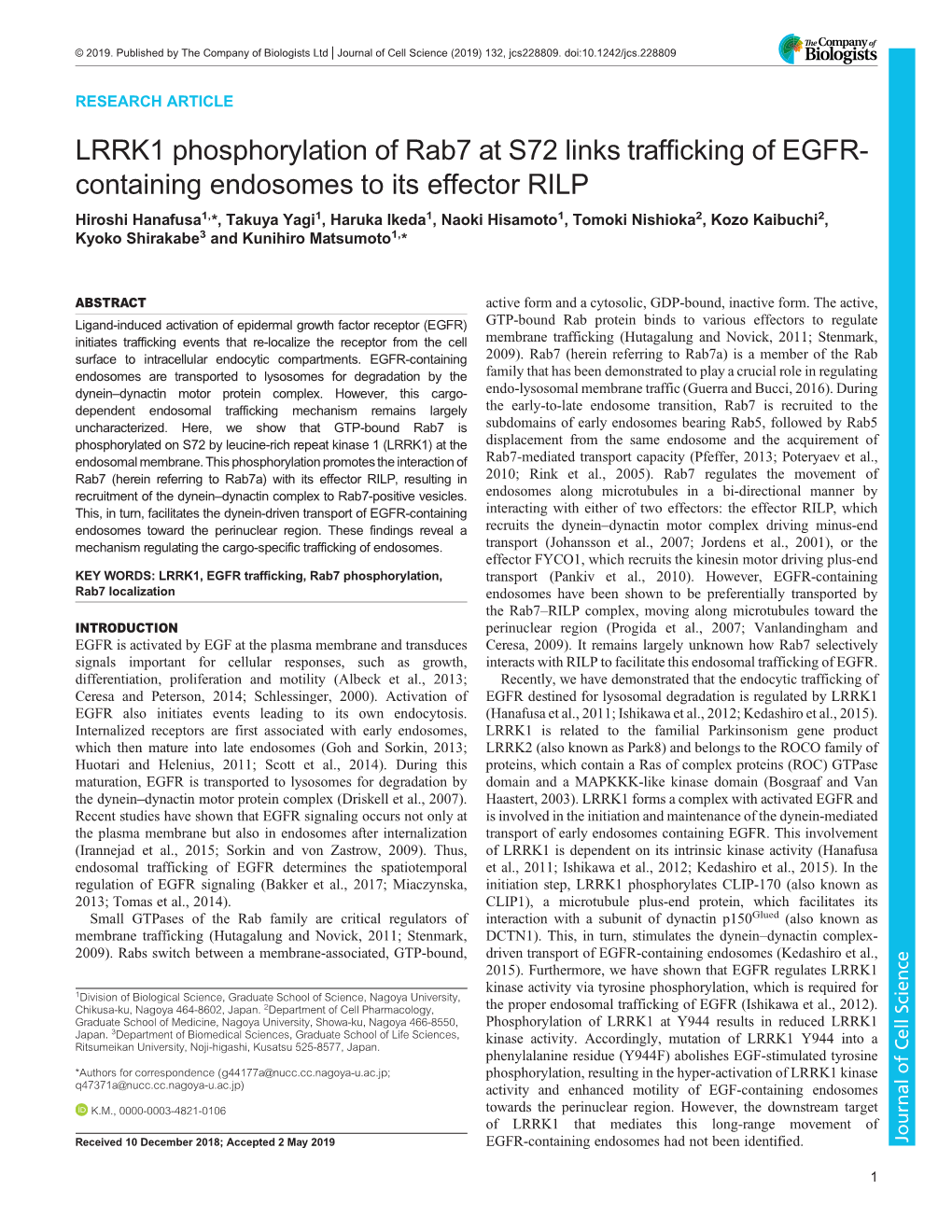 LRRK1 Phosphorylation of Rab7 at S72 Links Trafficking of EGFR