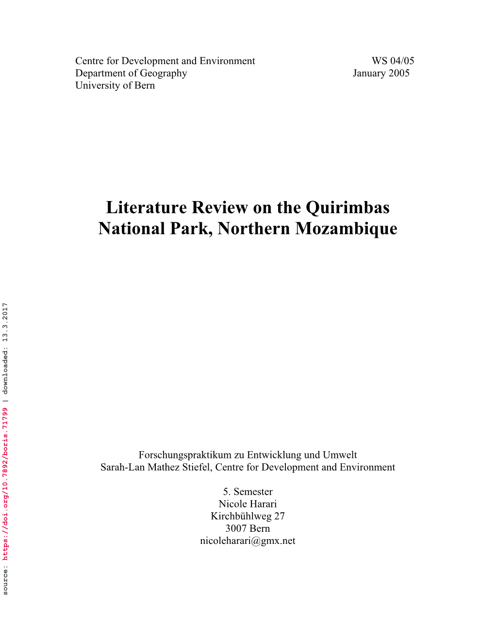 Literature Review on the Quirimbas National Park, Northern Mozambique