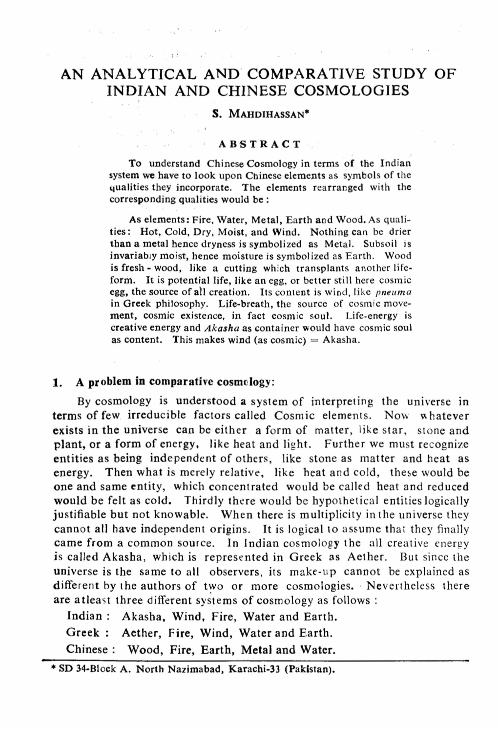 An Analytical and Comparative Study of Indian and Chinese Cosmologies