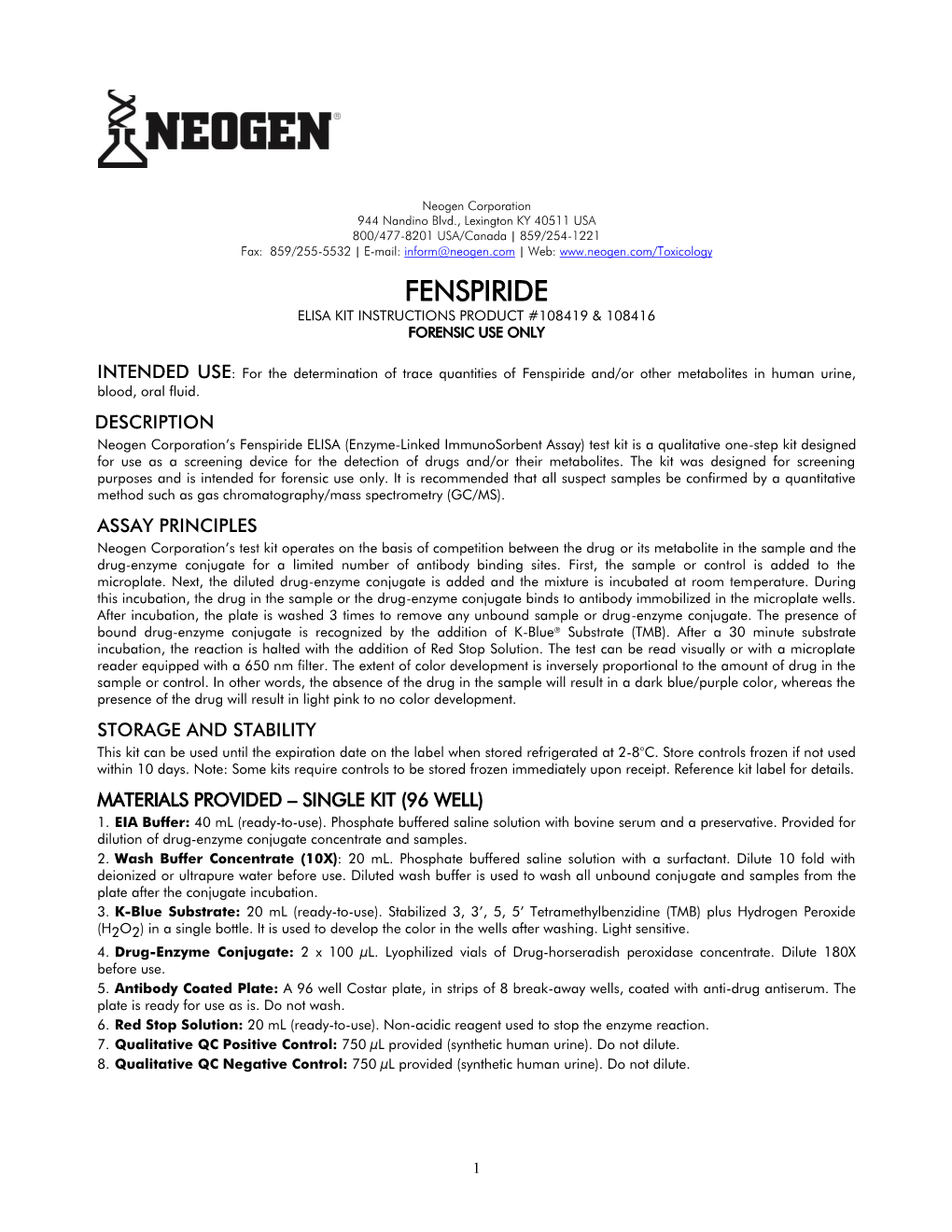 Fenspiride Elisa Kit Instructions Product #108419 & 108416 Forensic Use Only