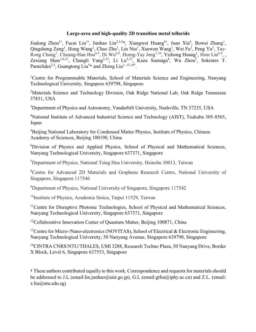 Large-Area and High-Quality 2D Transition Metal Telluride