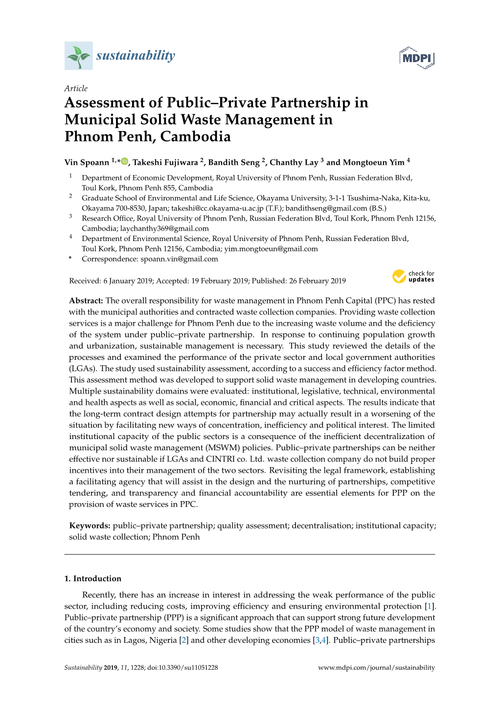Assessment of Public–Private Partnership in Municipal Solid Waste Management in Phnom Penh, Cambodia