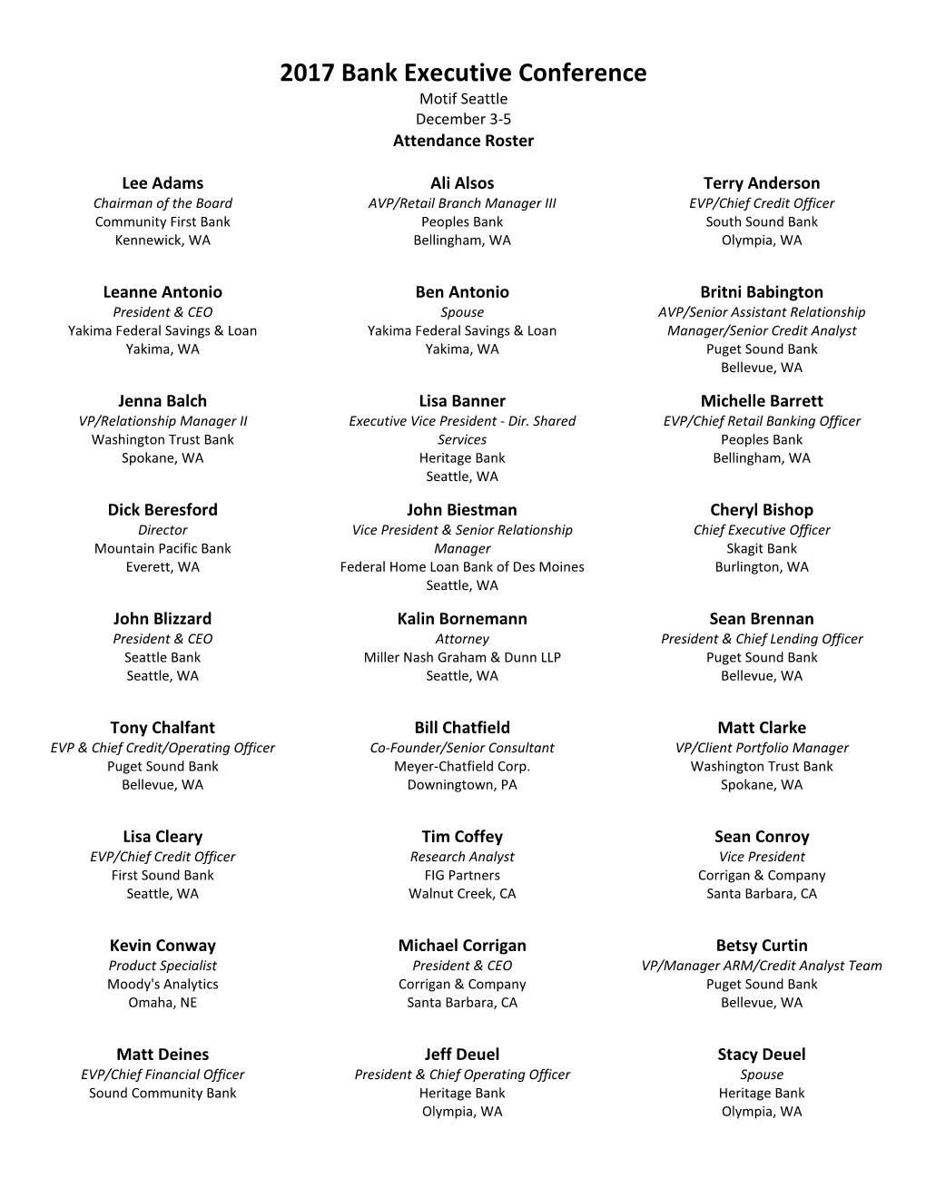 2017 Bank Executive Conference Motif Seattle December 3-5 Attendance Roster