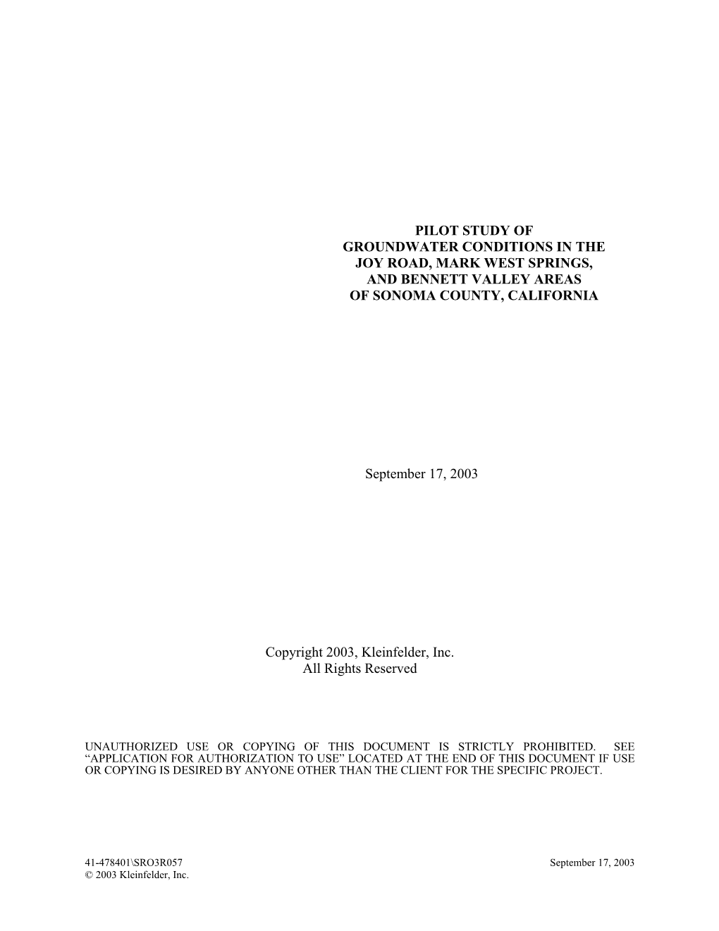 Kleinfelder Study of Groundwater Conditions – Sonoma County