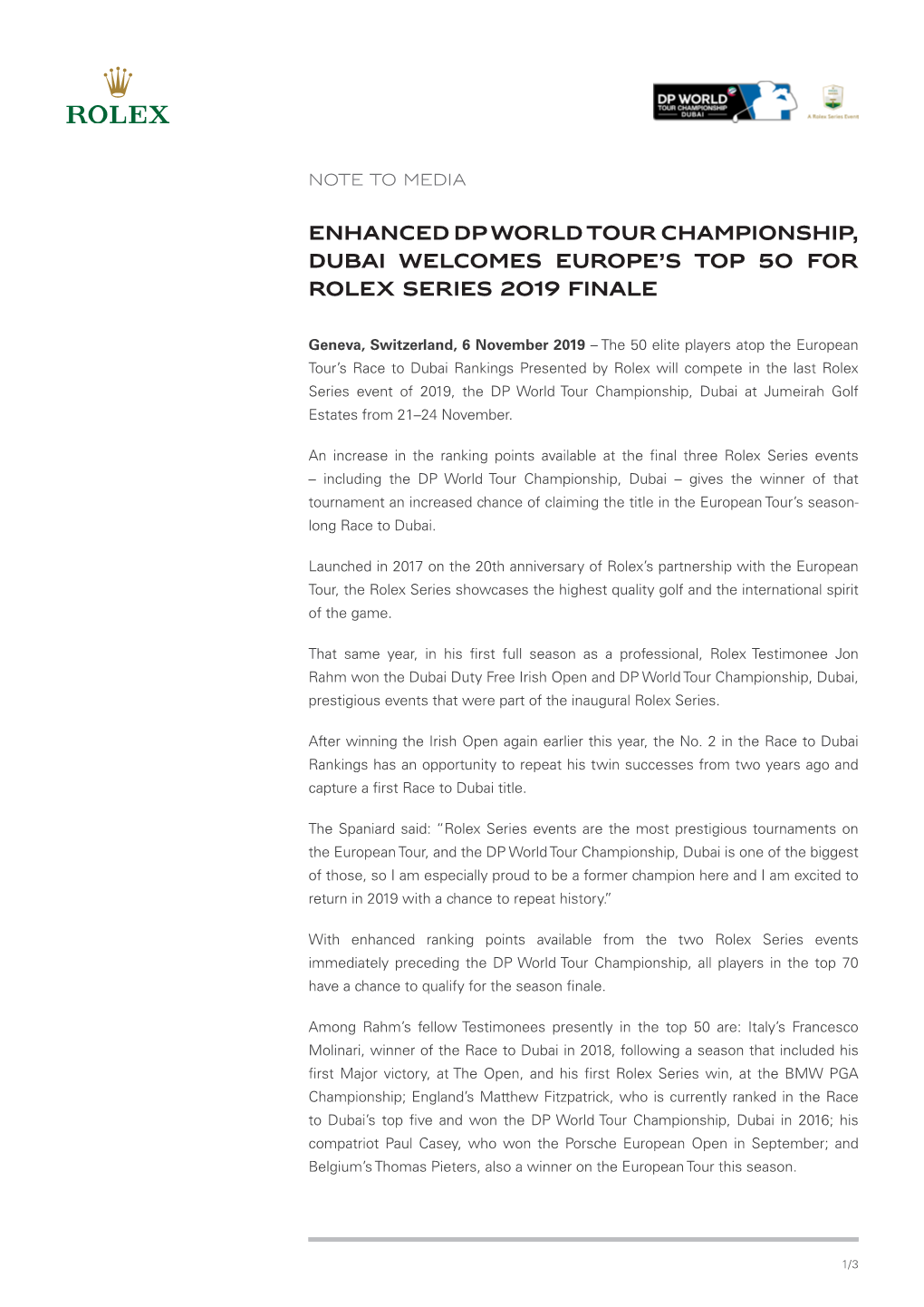 DP World Tour Championship, Dubai Pre-Event Press Release