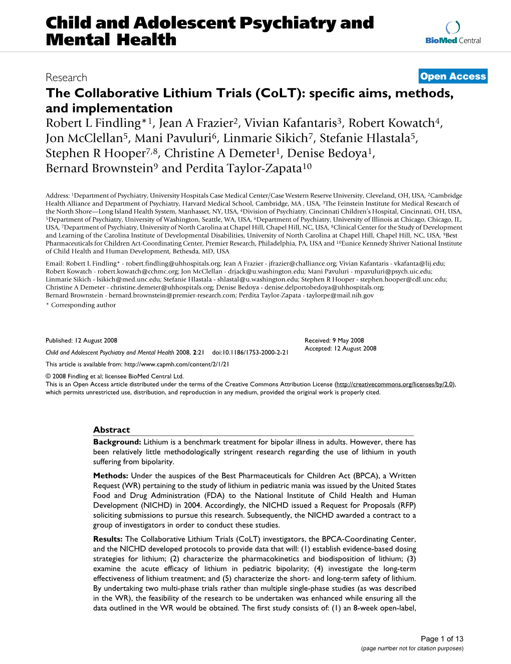 The Collaborative Lithium Trials (Colt): Specific Aims, Methods, And