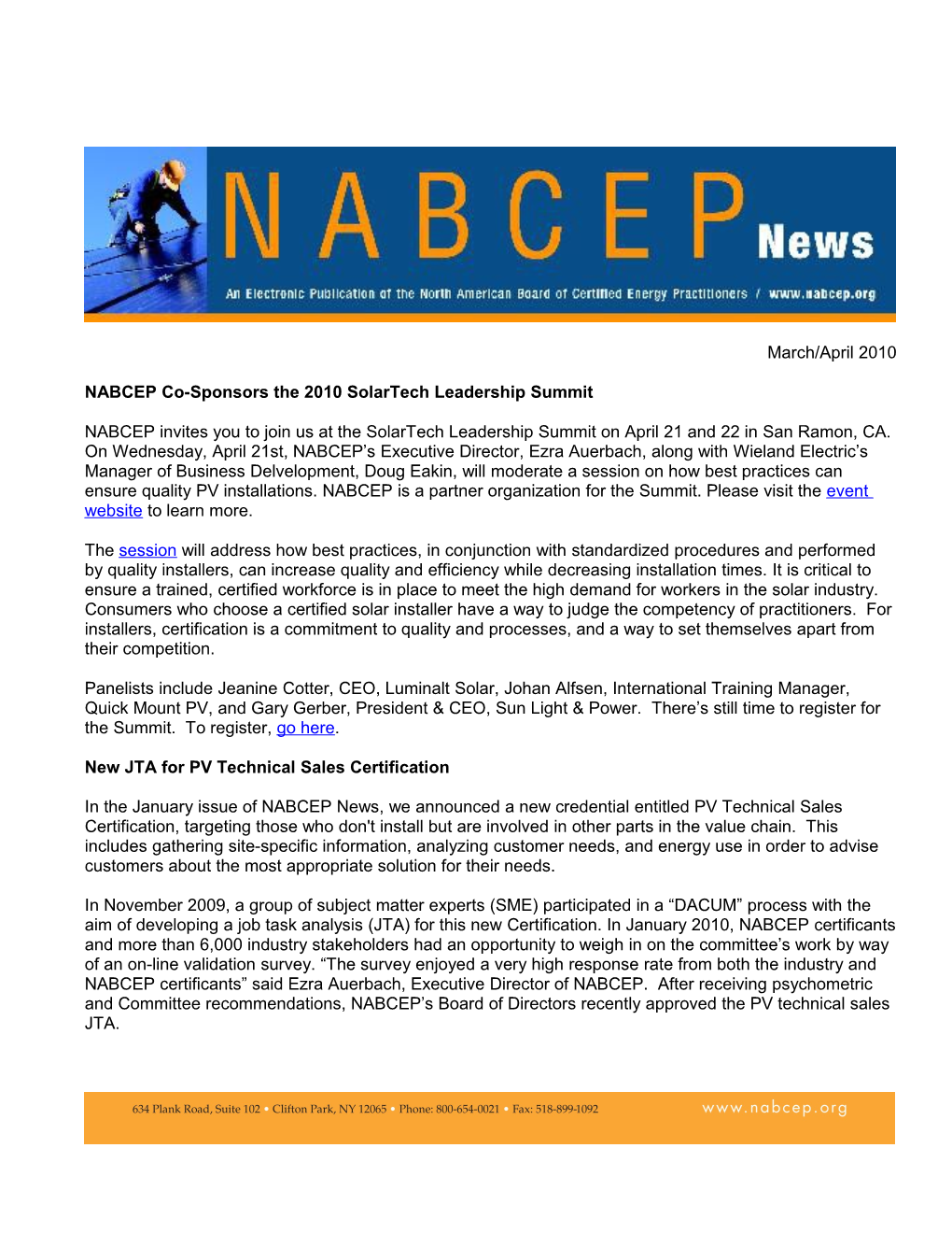 NABCEP Co-Sponsors the 2010 Solartech Leadership Summit