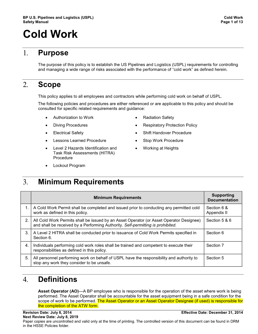 Cold Work Safety Manual Page 1 of 13