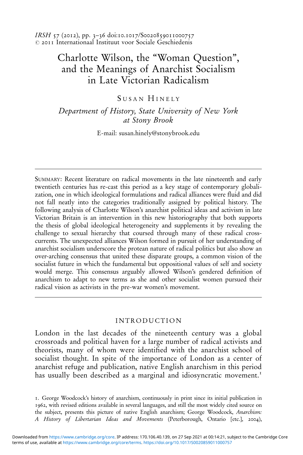 Charlotte Wilson, the ‘‘Woman Question’’, and the Meanings of Anarchist Socialism in Late Victorian Radicalism