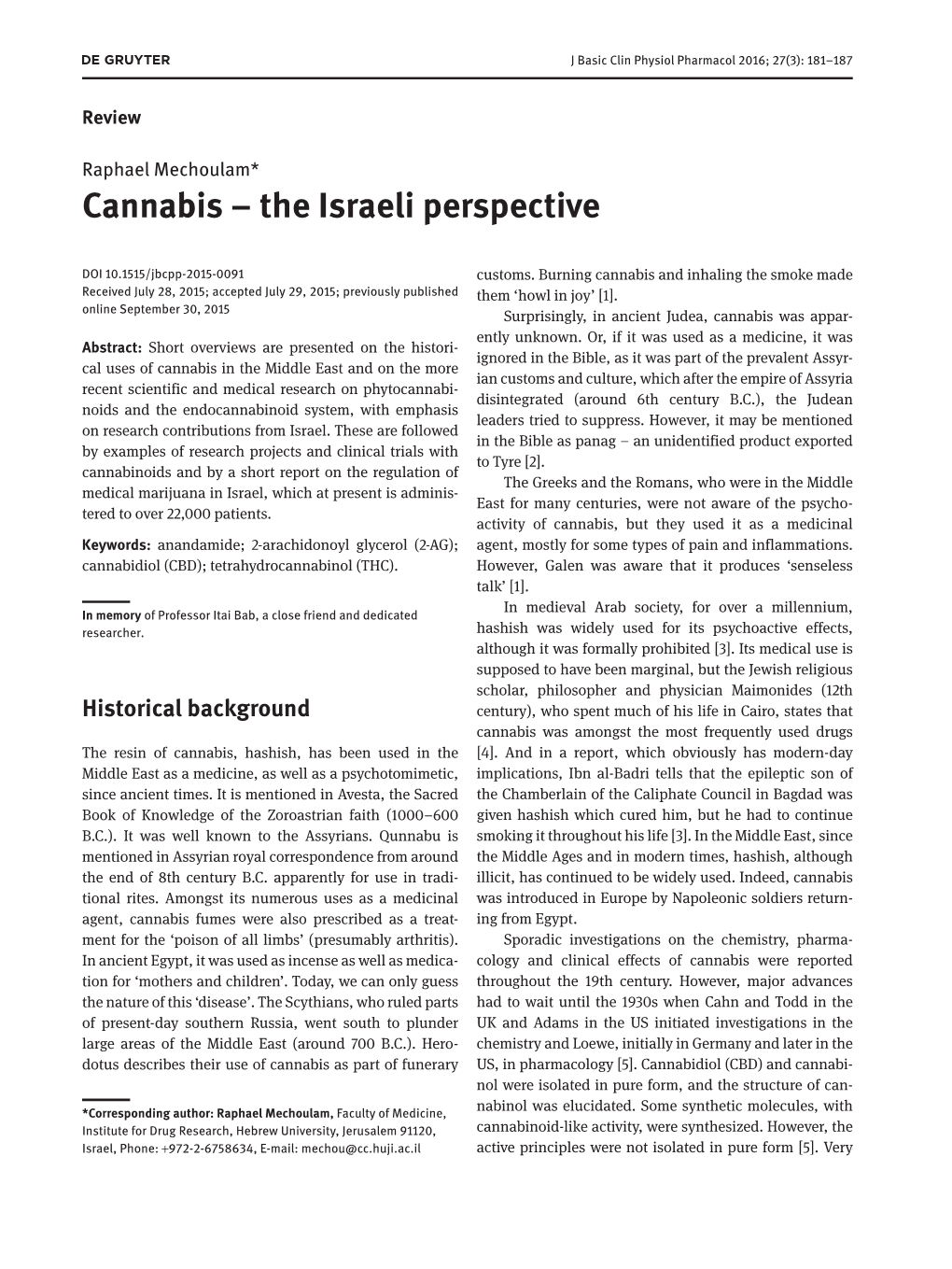 Cannabis – the Israeli Perspective